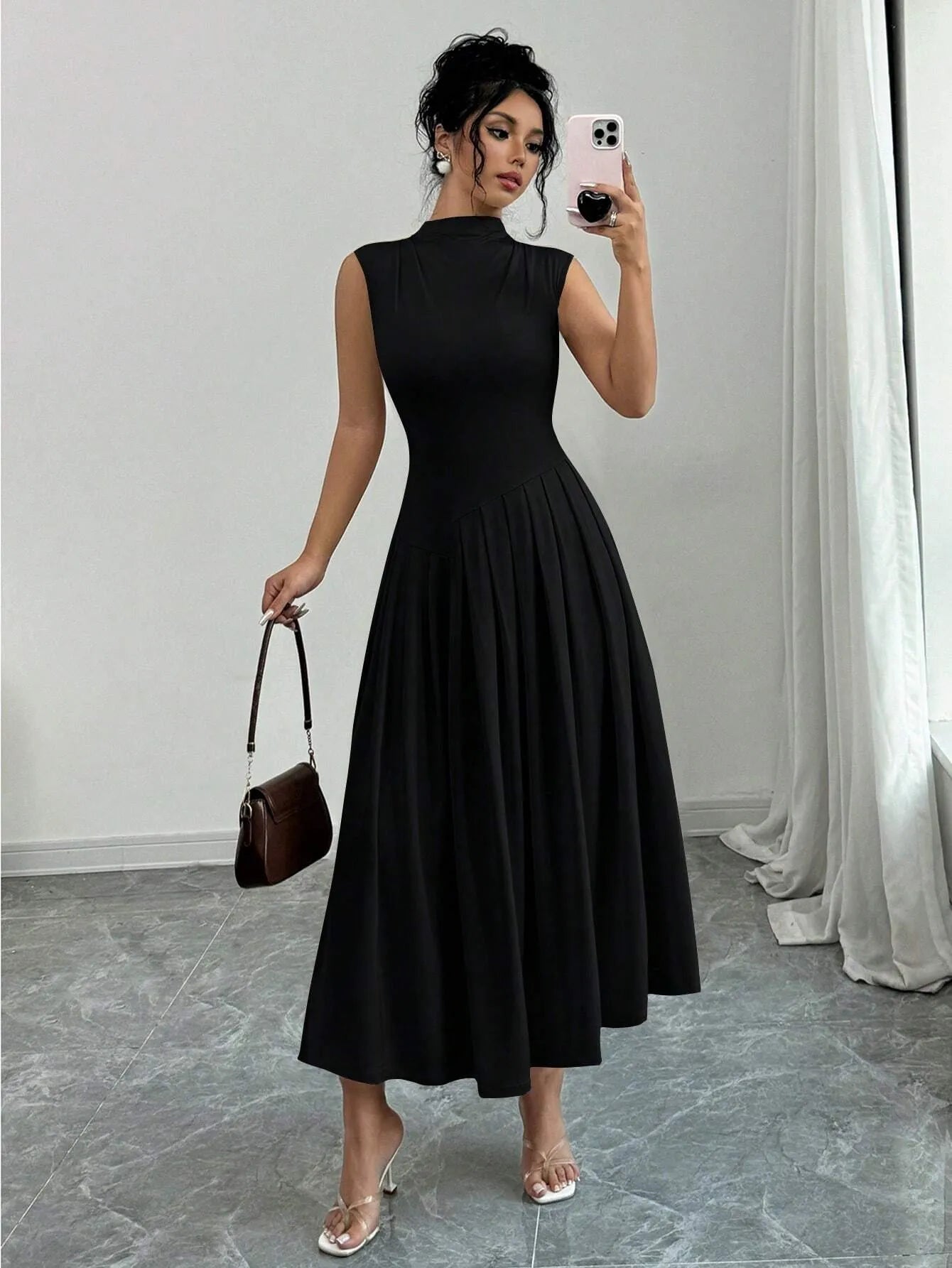 Elegant Pleated Mock Neck Dresses