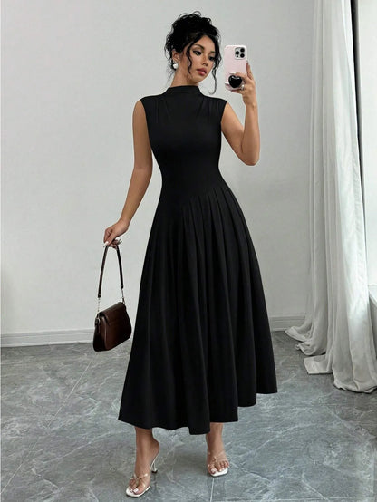 Elegant Pleated Mock Neck Dresses