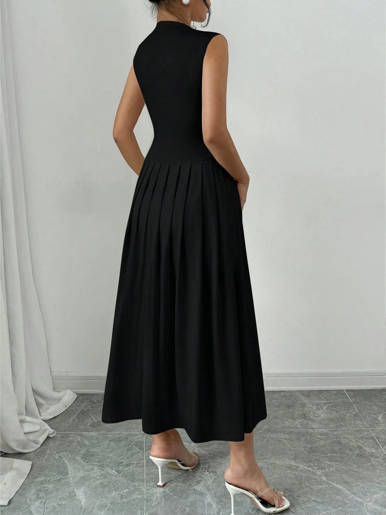 Elegant Pleated Mock Neck Dresses