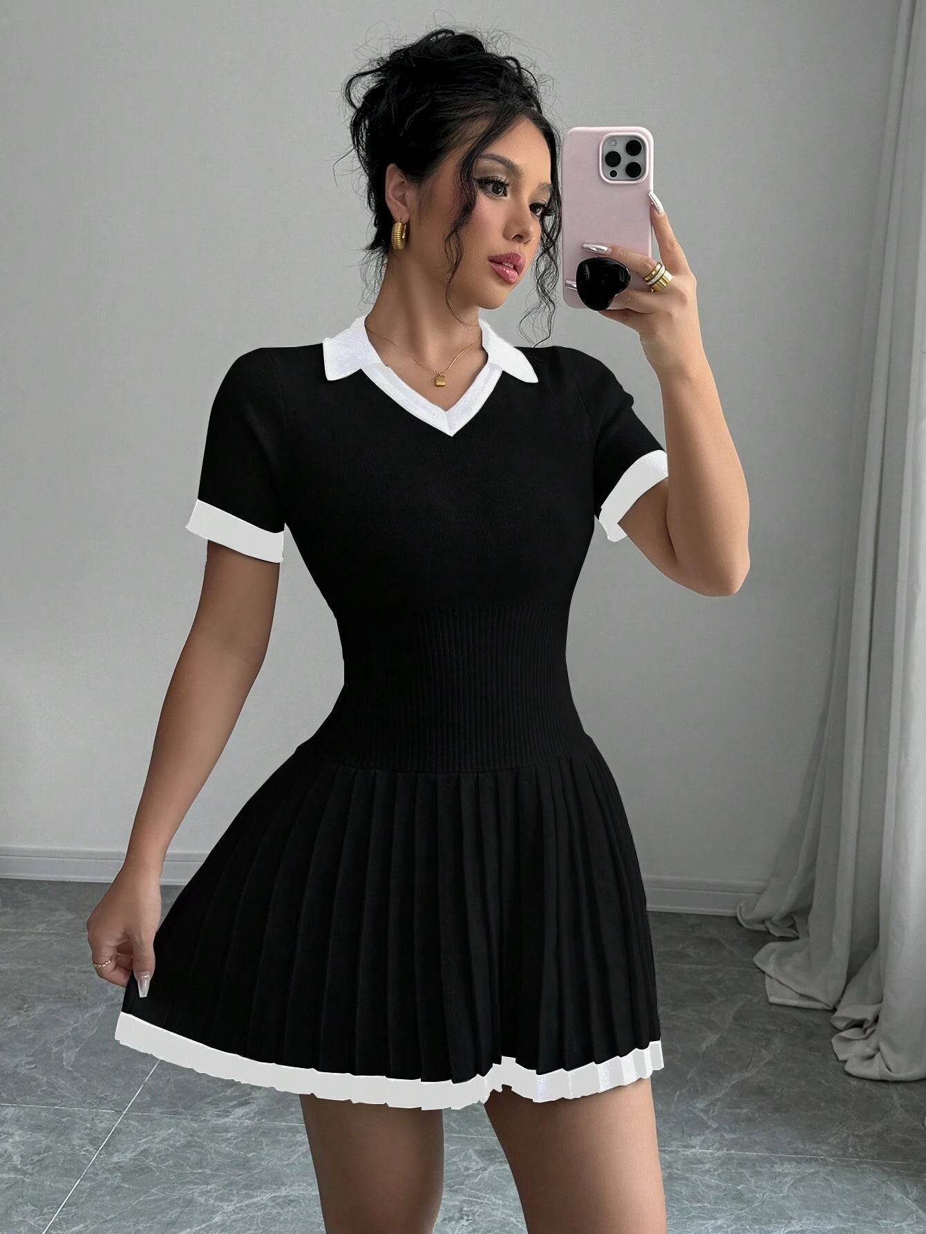 V-Neck Knit Sweater Dress