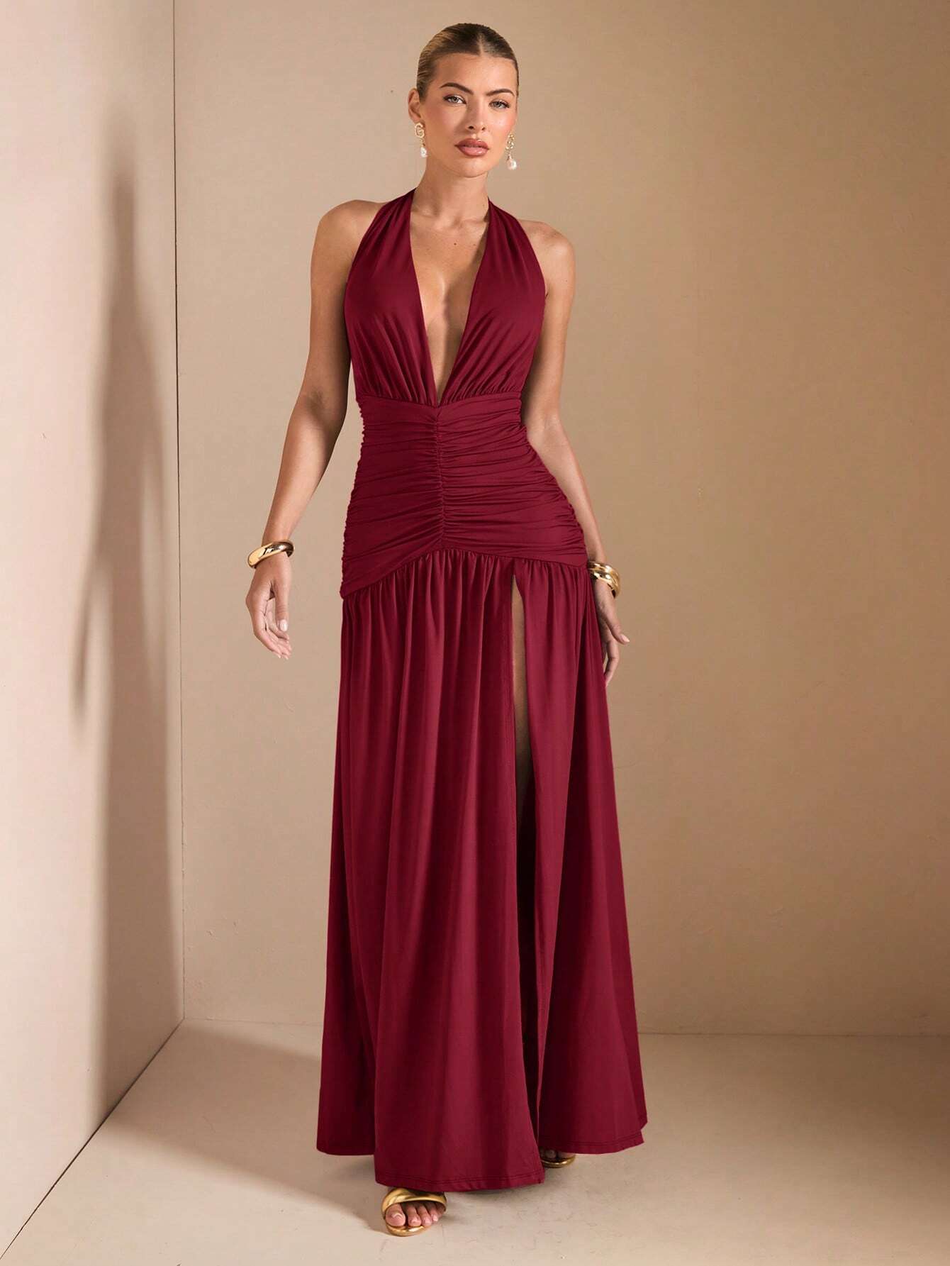 Minimalist Elegant Plunging V-Neck Backless High Slit Long Dress