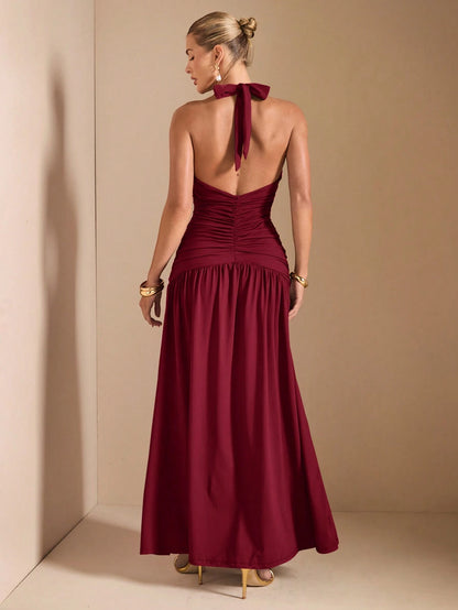Minimalist Elegant Plunging V-Neck Backless High Slit Long Dress