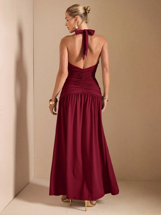 Minimalist Elegant Plunging V-Neck Backless High Slit Long Dress