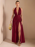 Minimalist Elegant Plunging V-Neck Backless High Slit Long Dress