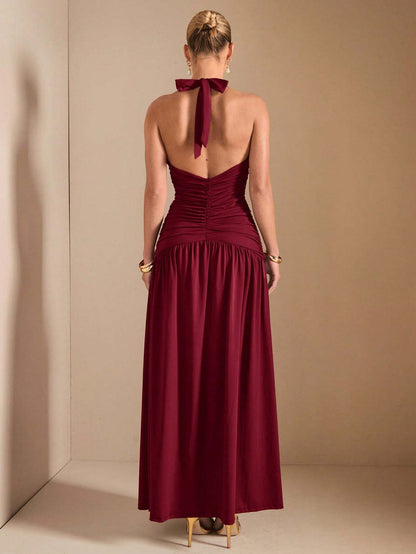 Minimalist Elegant Plunging V-Neck Backless High Slit Long Dress