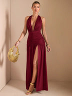Minimalist Elegant Plunging V-Neck Backless High Slit Long Dress
