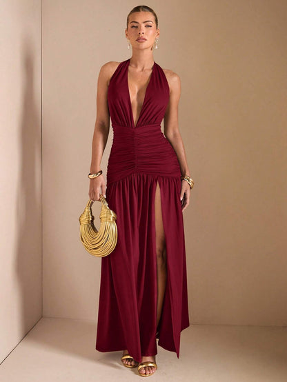 Minimalist Elegant Plunging V-Neck Backless High Slit Long Dress
