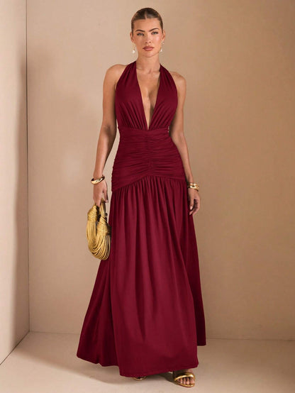 Minimalist Elegant Plunging V-Neck Backless High Slit Long Dress