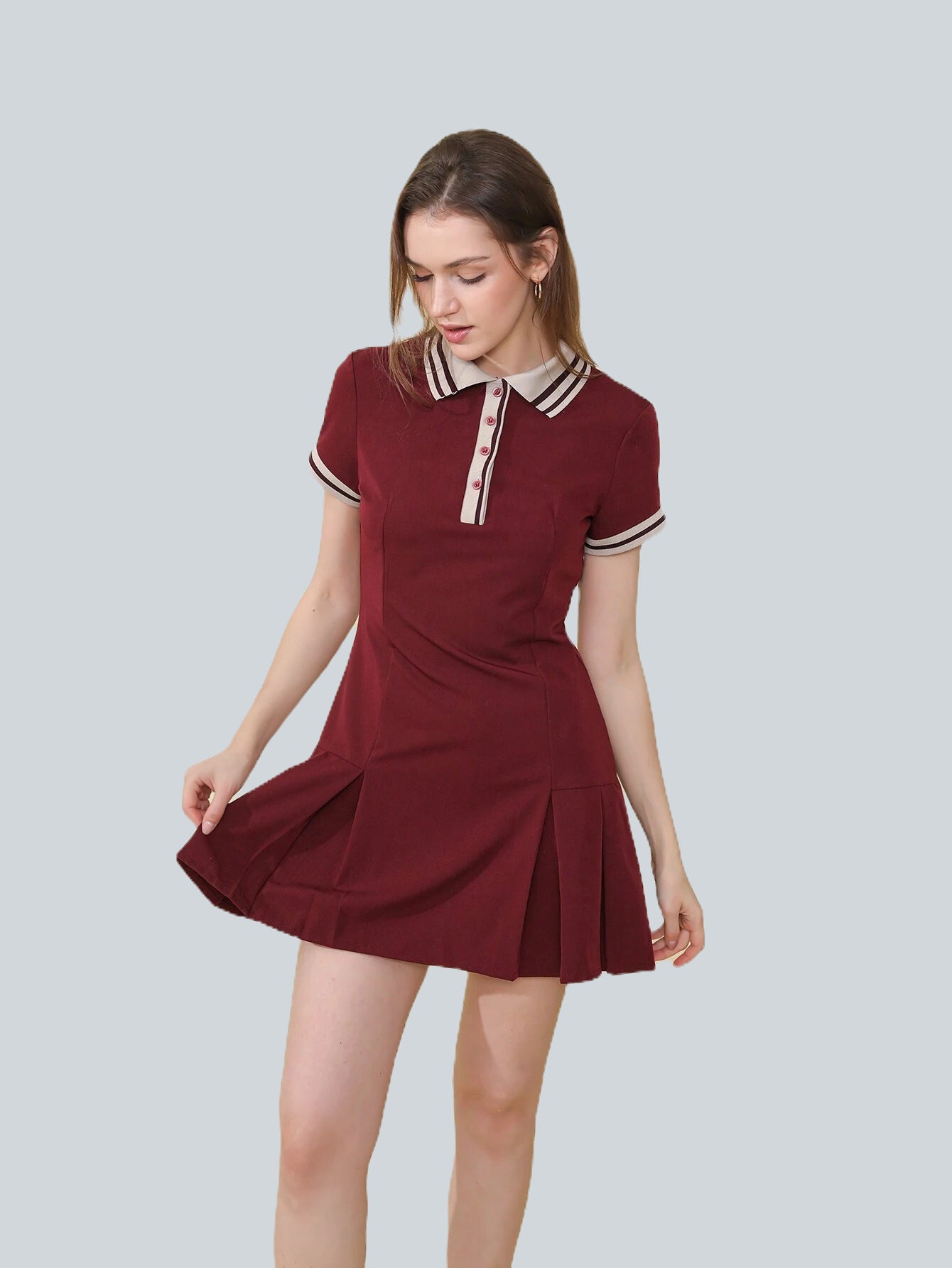 Ribbed Pleated Short Sleeve Polo Neck Dress