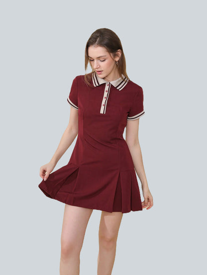 Ribbed Pleated Short Sleeve Polo Neck Dress