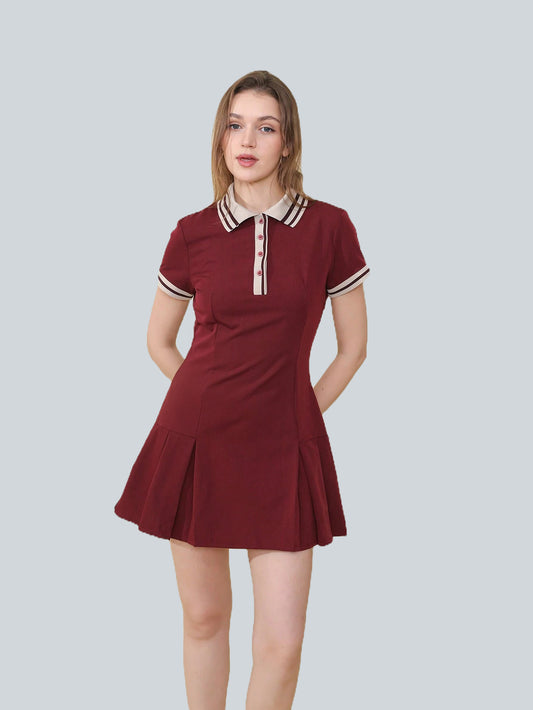 Ribbed Pleated Short Sleeve Polo Neck Dress