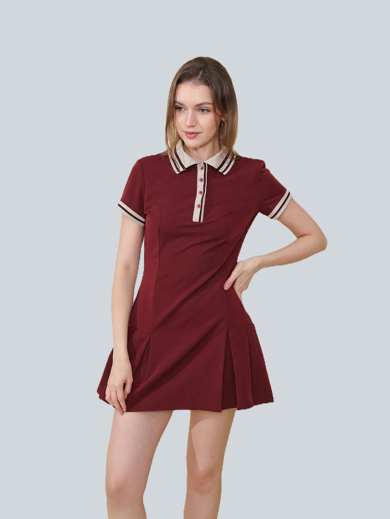 Ribbed Pleated Short Sleeve Polo Neck Dress