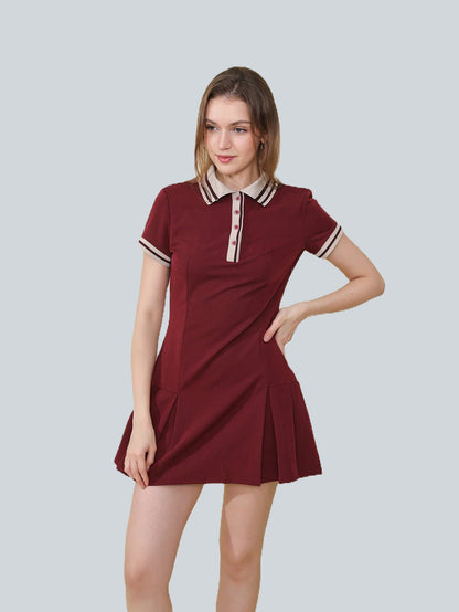 Ribbed Pleated Short Sleeve Polo Neck Dress