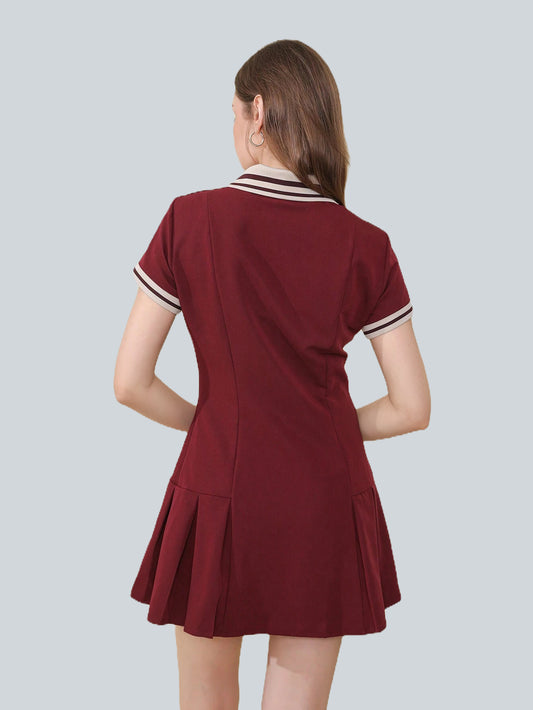 Ribbed Pleated Short Sleeve Polo Neck Dress
