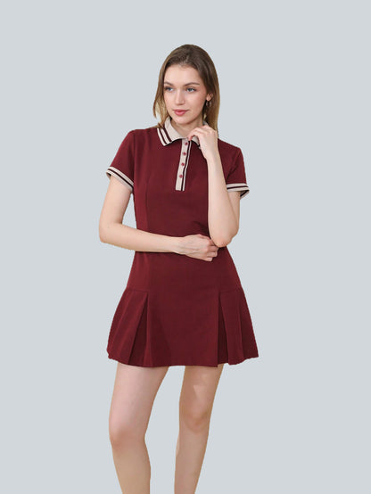 Ribbed Pleated Short Sleeve Polo Neck Dress