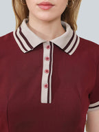 Ribbed Pleated Short Sleeve Polo Neck Dress