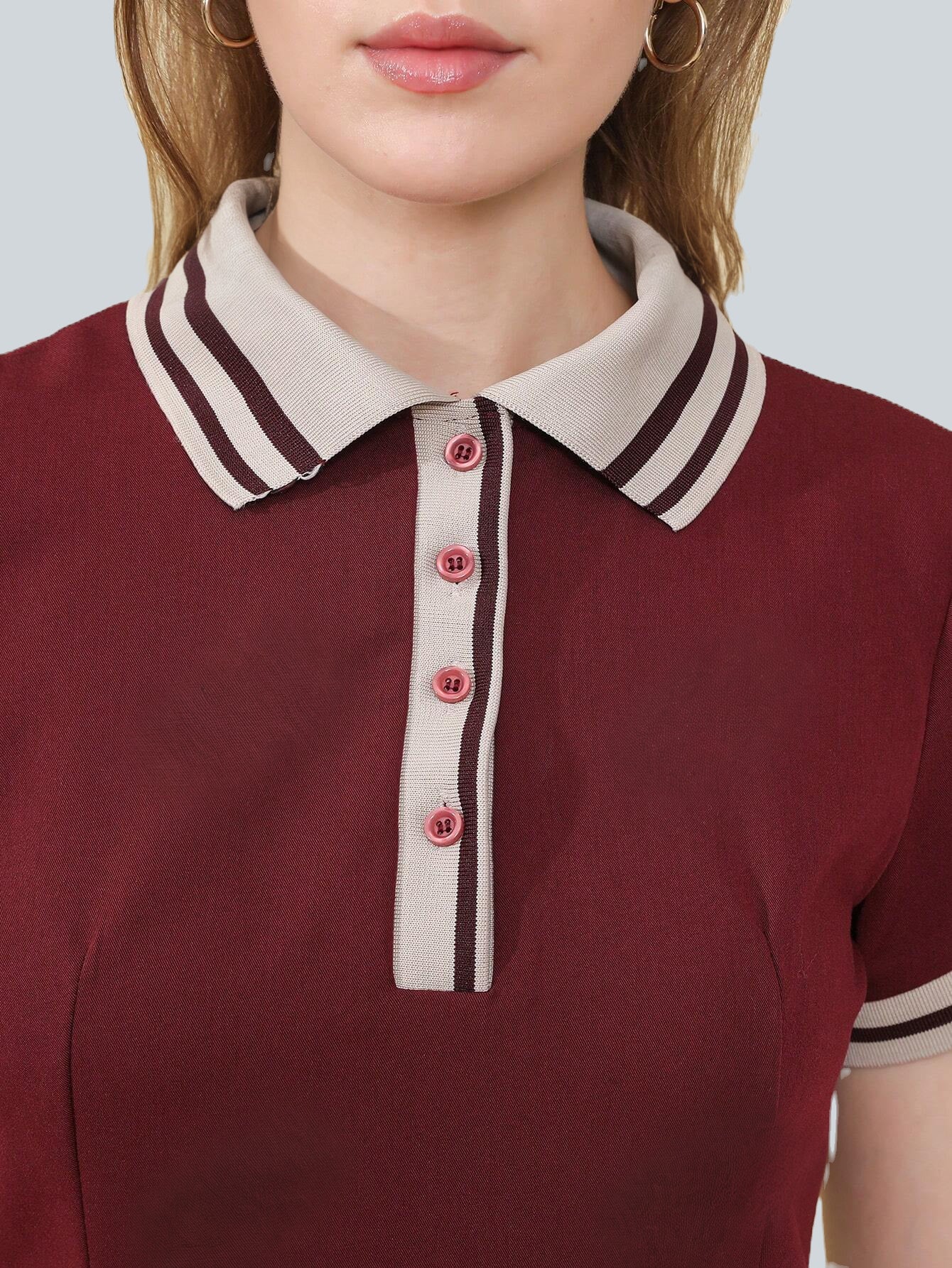 Ribbed Pleated Short Sleeve Polo Neck Dress