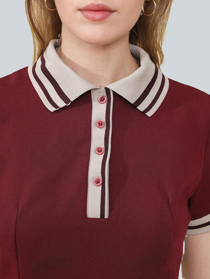Ribbed Pleated Short Sleeve Polo Neck Dress