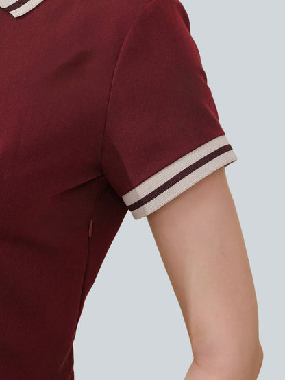 Ribbed Pleated Short Sleeve Polo Neck Dress