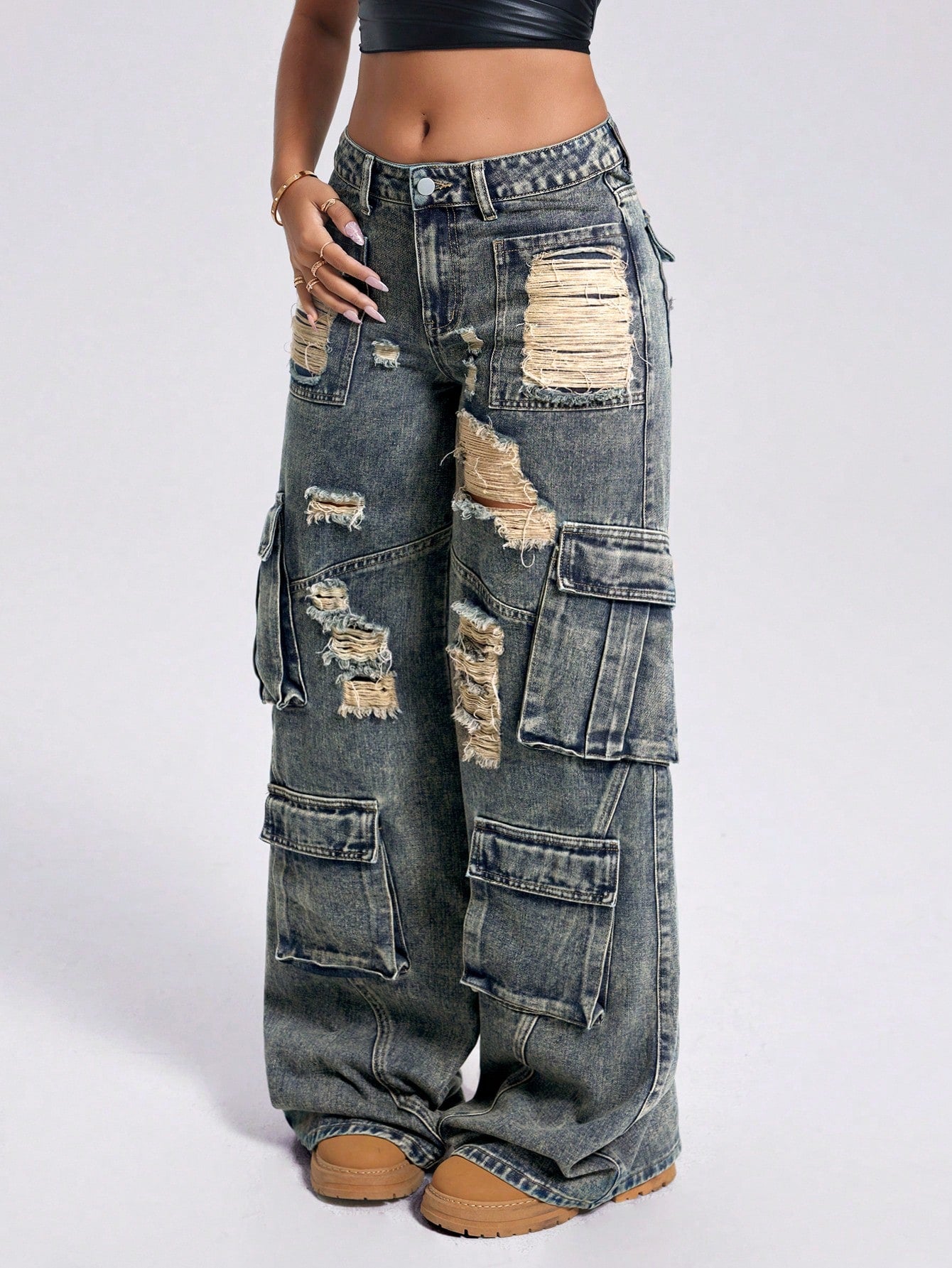 Vintage Washed Low-Waist Wide-Leg Utility Jeans