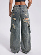 Vintage Washed Low-Waist Wide-Leg Utility Jeans