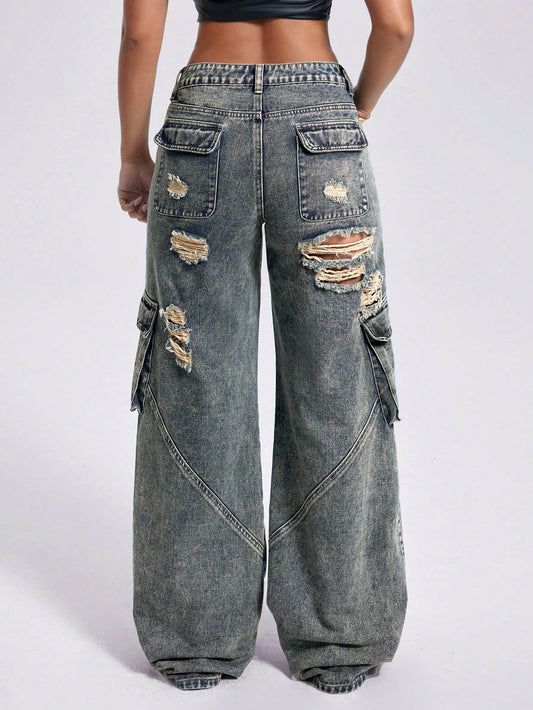 Vintage Washed Low-Waist Wide-Leg Utility Jeans