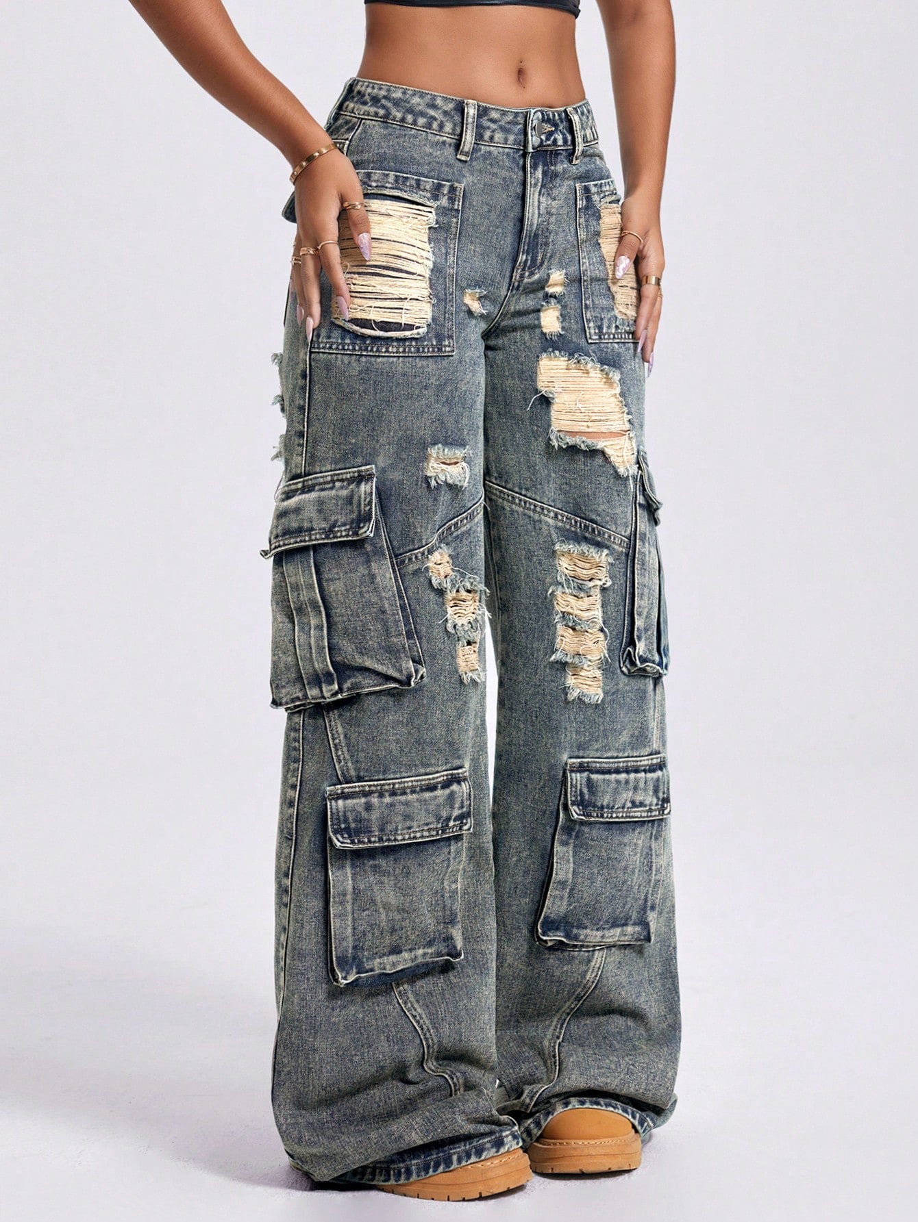 Vintage Washed Low-Waist Wide-Leg Utility Jeans