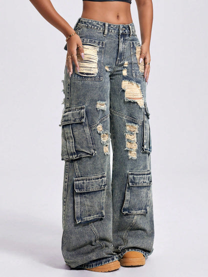 Vintage Washed Low-Waist Wide-Leg Utility Jeans