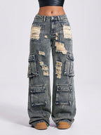Vintage Washed Low-Waist Wide-Leg Utility Jeans