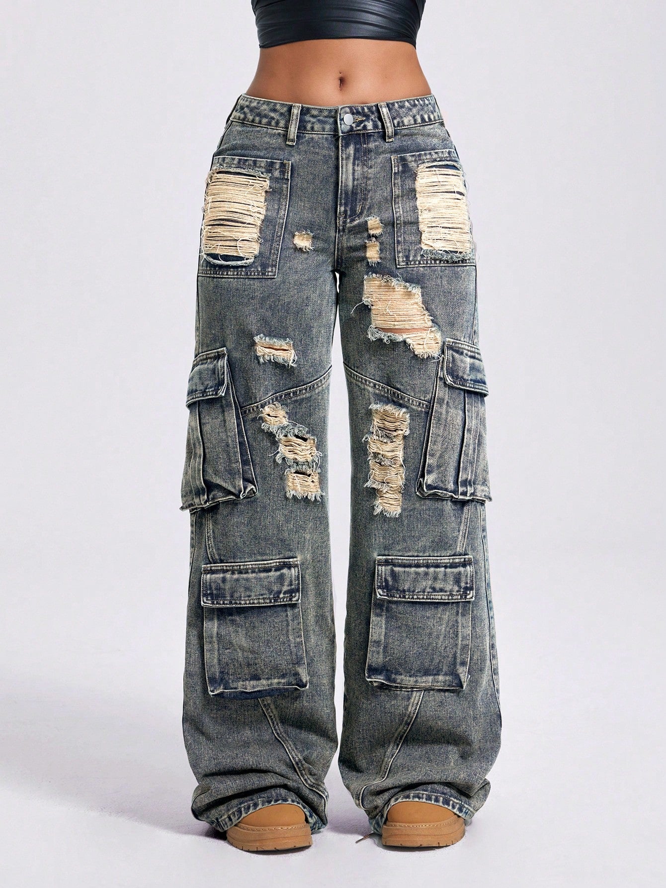 Vintage Washed Low-Waist Wide-Leg Utility Jeans