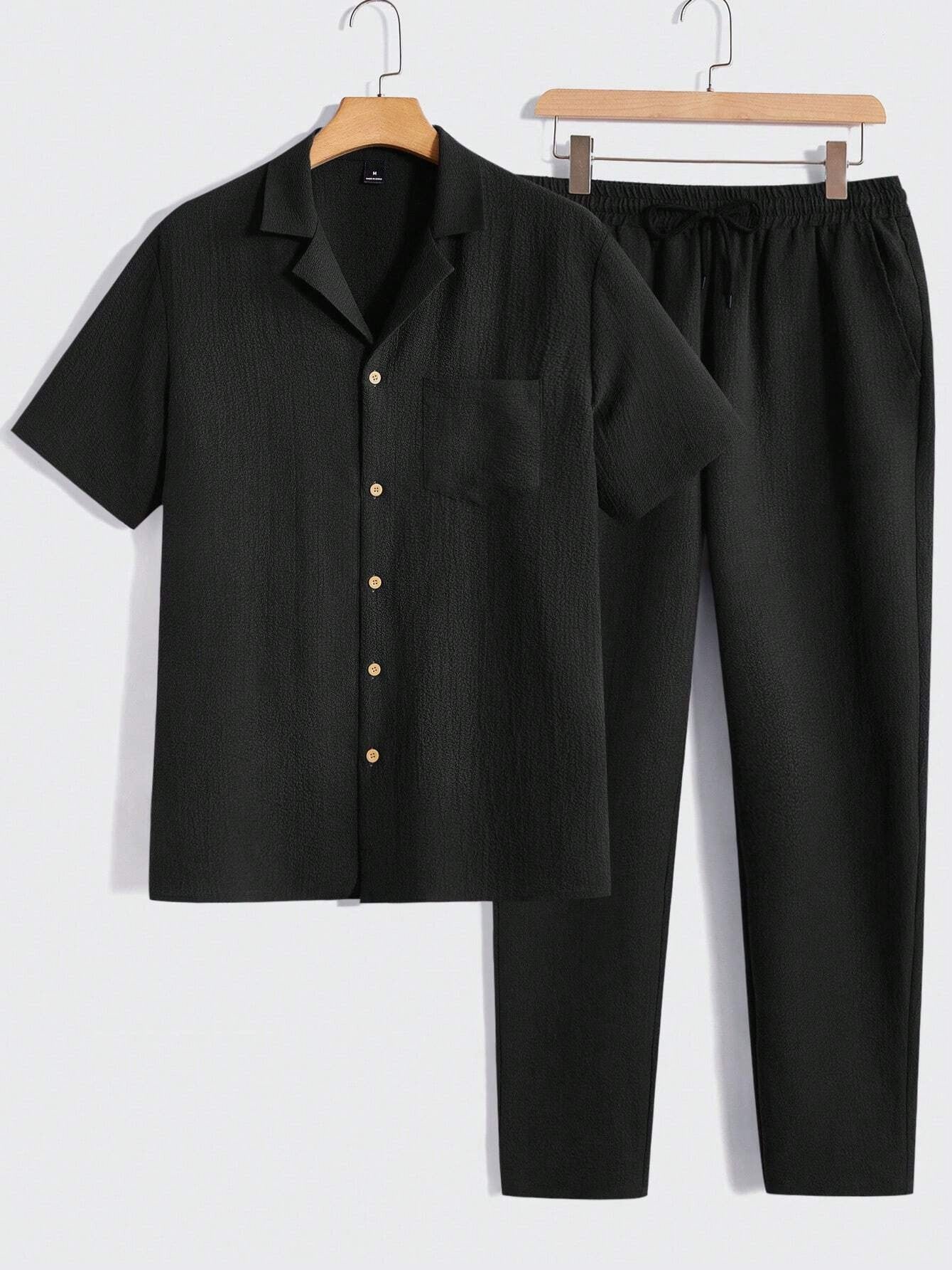 Solid Button Front Pocket Shirt And Pants Set