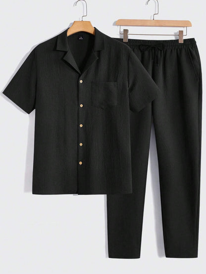 Solid Button Front Pocket Shirt And Pants Set