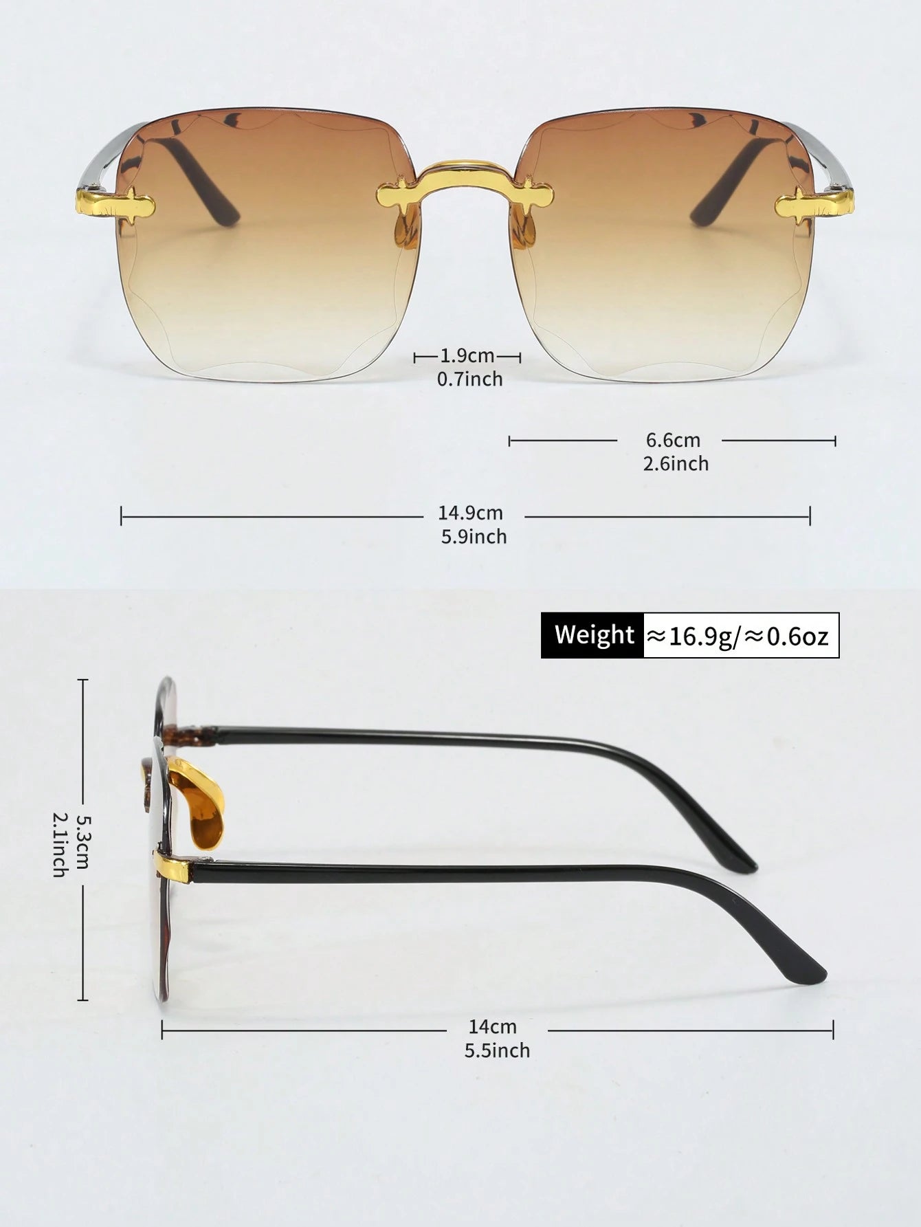 Sunglasses with gold frame and gradient lenses, shown with measurements on a white background.
