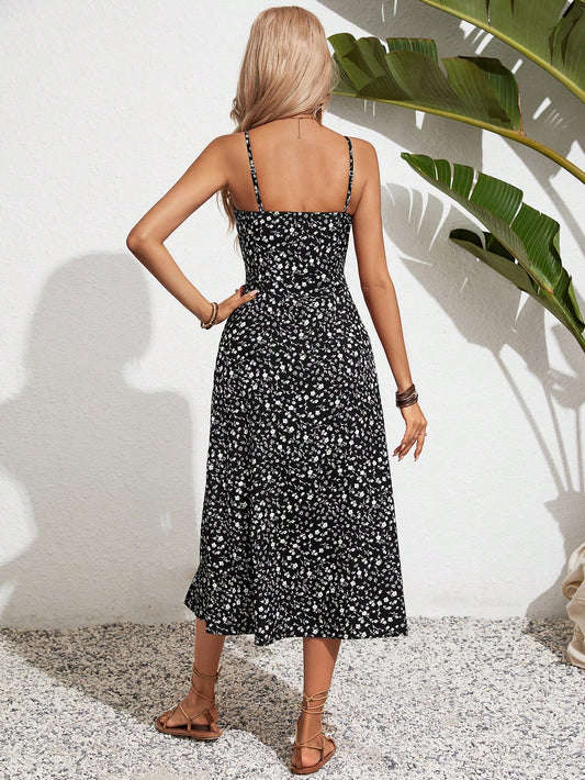 Floral Cami Front and Thigh Slit Summer Dress