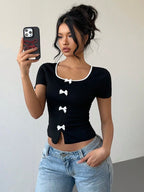 Contrast Trim Bow Short Sleeve Top