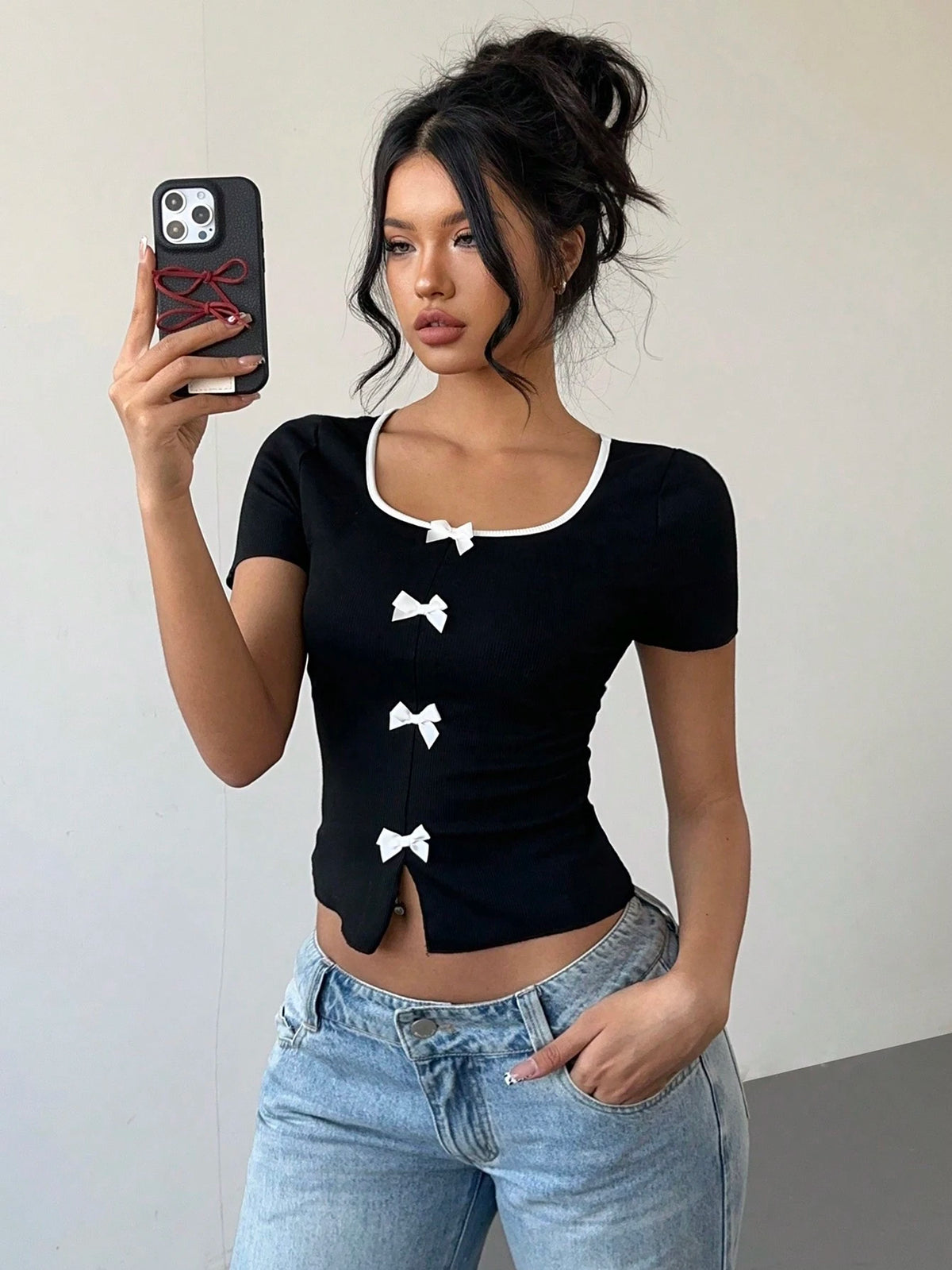 Contrast Trim Bow Short Sleeve Top