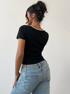 Contrast Trim Bow Short Sleeve Top