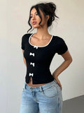 Contrast Trim Bow Short Sleeve Top