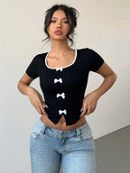 Contrast Trim Bow Short Sleeve Top