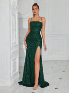 Lace-Up Back High Slit Cami Maxi Dress