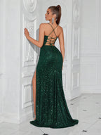 Lace-Up Back High Slit Cami Maxi Dress