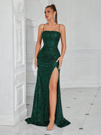 Lace-Up Back High Slit Cami Maxi Dress