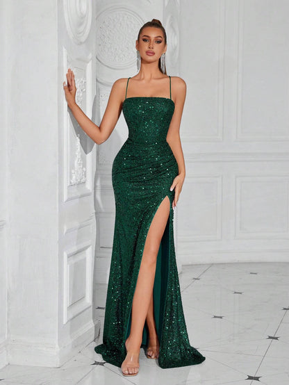 Lace-Up Back High Slit Cami Maxi Dress
