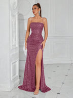 Lace-Up Back High Slit Cami Maxi Dress