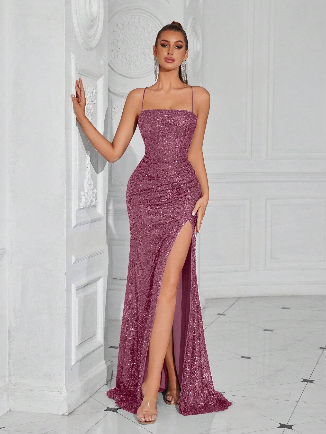 Lace-Up Back High Slit Cami Maxi Dress