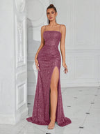 Lace-Up Back High Slit Cami Maxi Dress