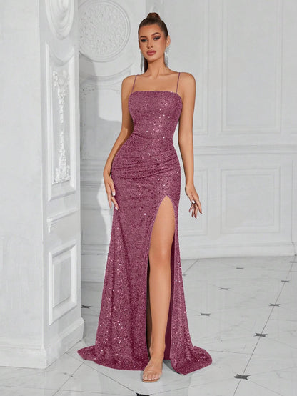 Lace-Up Back High Slit Cami Maxi Dress
