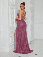 Lace-Up Back High Slit Cami Maxi Dress