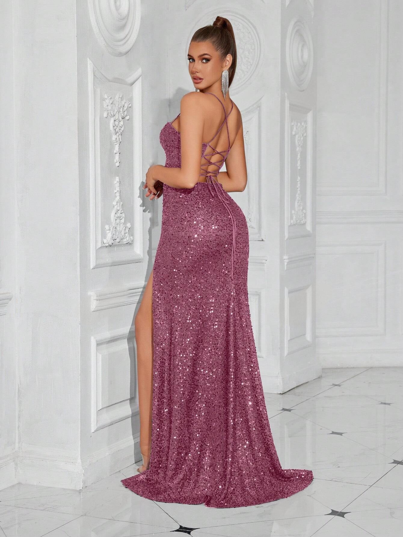 Lace-Up Back High Slit Cami Maxi Dress