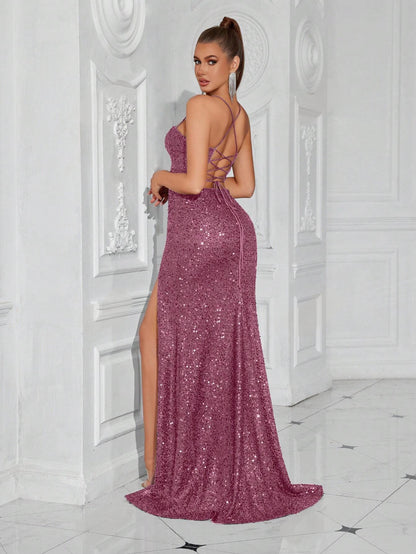 Lace-Up Back High Slit Cami Maxi Dress